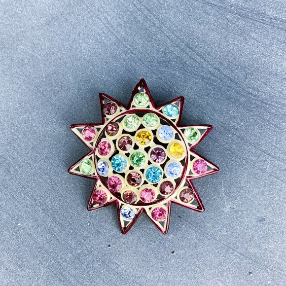 Vintage Jewelry - VINTAGE Celluloid Glass Rhinestone Colorful Flower Brooch Sunshine Art Deco Pin